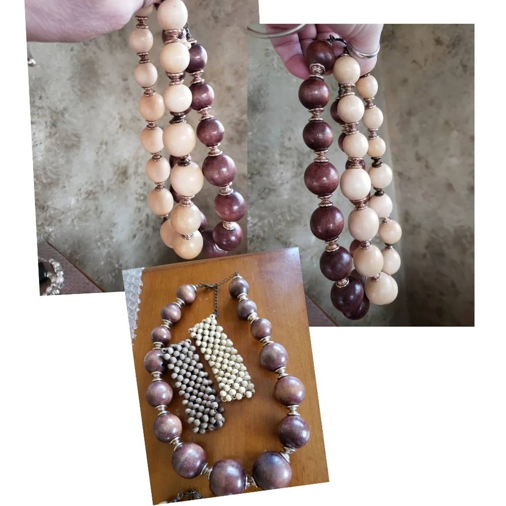 Boho Artisan Wooden Jewelry Set 2Necklaces 2 Bracelets Ivory Browns +4 Gifts New